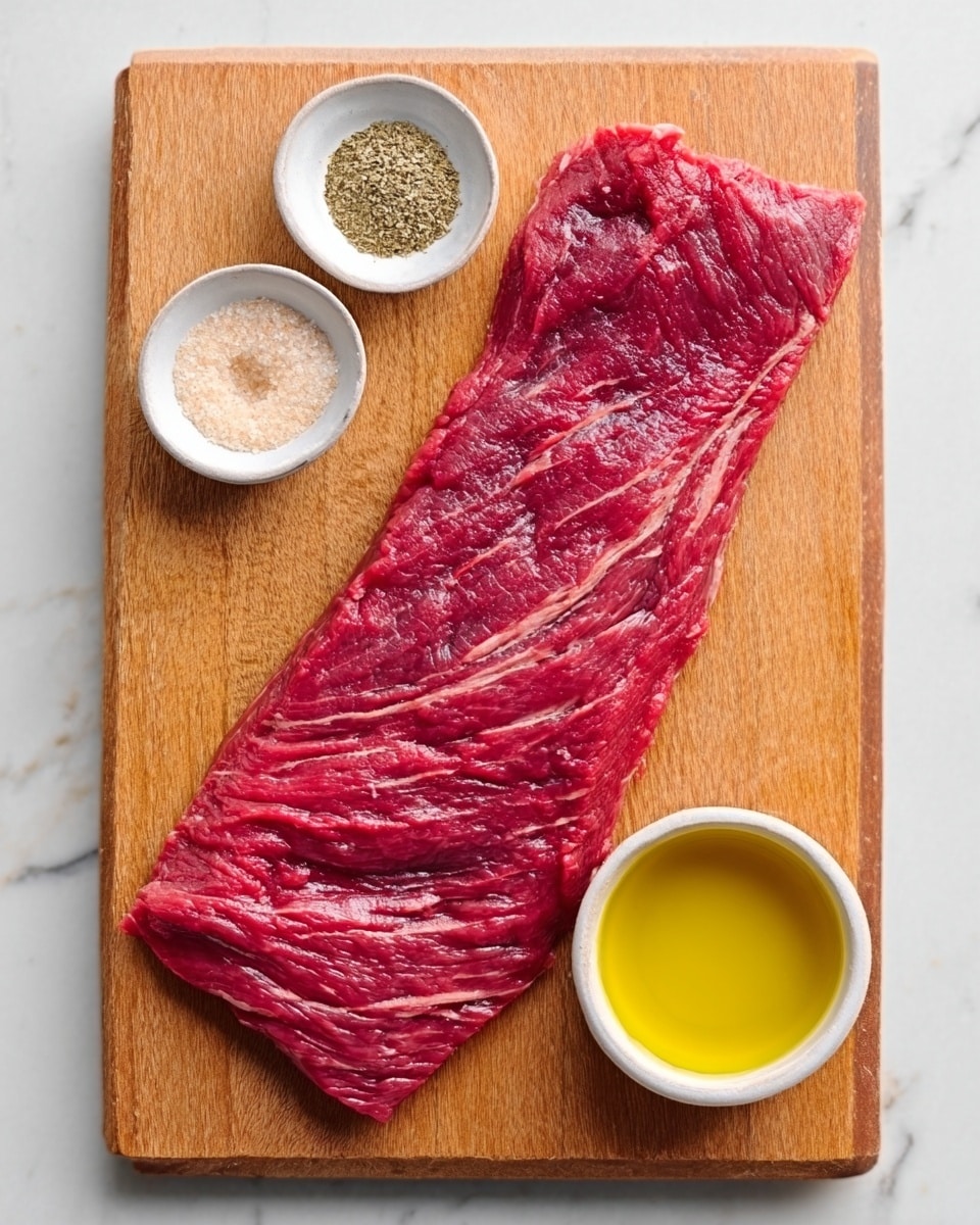 A single large piece of raw red meat with visible muscle fibers lies flat on a wooden cutting board placed on a white marbled surface. Next to the meat, there are two small white bowls, one containing some light-colored powdery spices, and the other filled with a yellow liquid that looks like oil. The texture of the meat is smooth with slight marbling, and the arrangement is simple and clean. Photo taken with an iphone --ar 4:5 --v 7