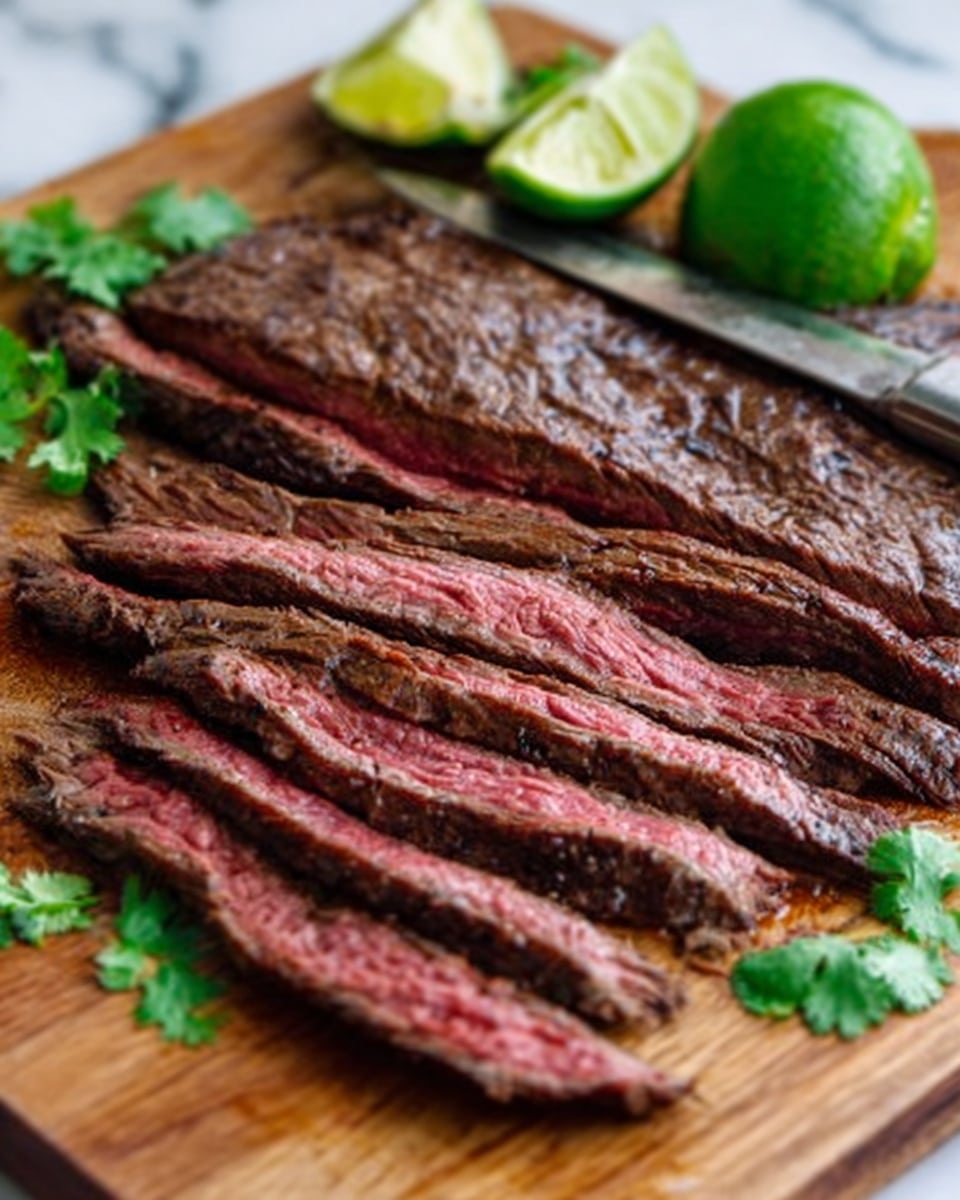 The image shows a wooden board on a white marbled surface with a large, thin, cooked piece of steak lying flat. On top of it, there are several narrow, bright pink inside, medium-rare slices lined up neatly, showing the soft texture and slight grill marks on the edges. In the corner, there are two fresh green lime halves and fresh cilantro leaves adding a pop of color. A woman's hand holding a knife is visible at the edge, ready to slice more of the steak. Photo taken with an iphone --ar 4:5 --v 7