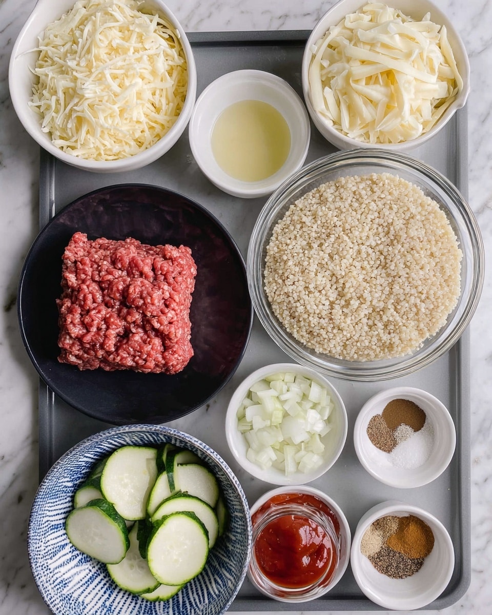 This image shows a black tray with several small white bowls and one clear glass bowl holding raw ingredients. In the center is a glass bowl filled with pale cooked grains. Above it to the left is a white bowl with shredded pale yellow cheese, and next to it a small white bowl with a pale yellow liquid. To the left of the liquid is a black plate holding a cube of raw red ground meat. Below the glass bowl of grains is a blue and white patterned bowl with diced white onions. Surrounding these are small white bowls with various powders and spices in white and brown colors, and a small container of red sauce. In the bottom left corner, a white bowl holds green and pale sliced zucchini pieces. All is placed on a white marbled surface. photo taken with an iphone --ar 4:5 --v 7
