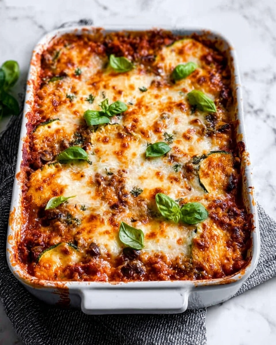 A white rectangular dish filled with a layered baked pasta, showing a golden brown melted cheese top with browned spots. The top layer is bubbly and has fresh green basil leaves scattered, adding a pop of color. Beneath the cheese, layers of rich red tomato sauce mixed with bits of browned mushrooms and meat are visible around the edges. The dish sits on a white marbled surface with a grey cloth underneath part of the dish, giving a cozy home-cooked feel. Photo taken with an iphone --ar 4:5 --v 7