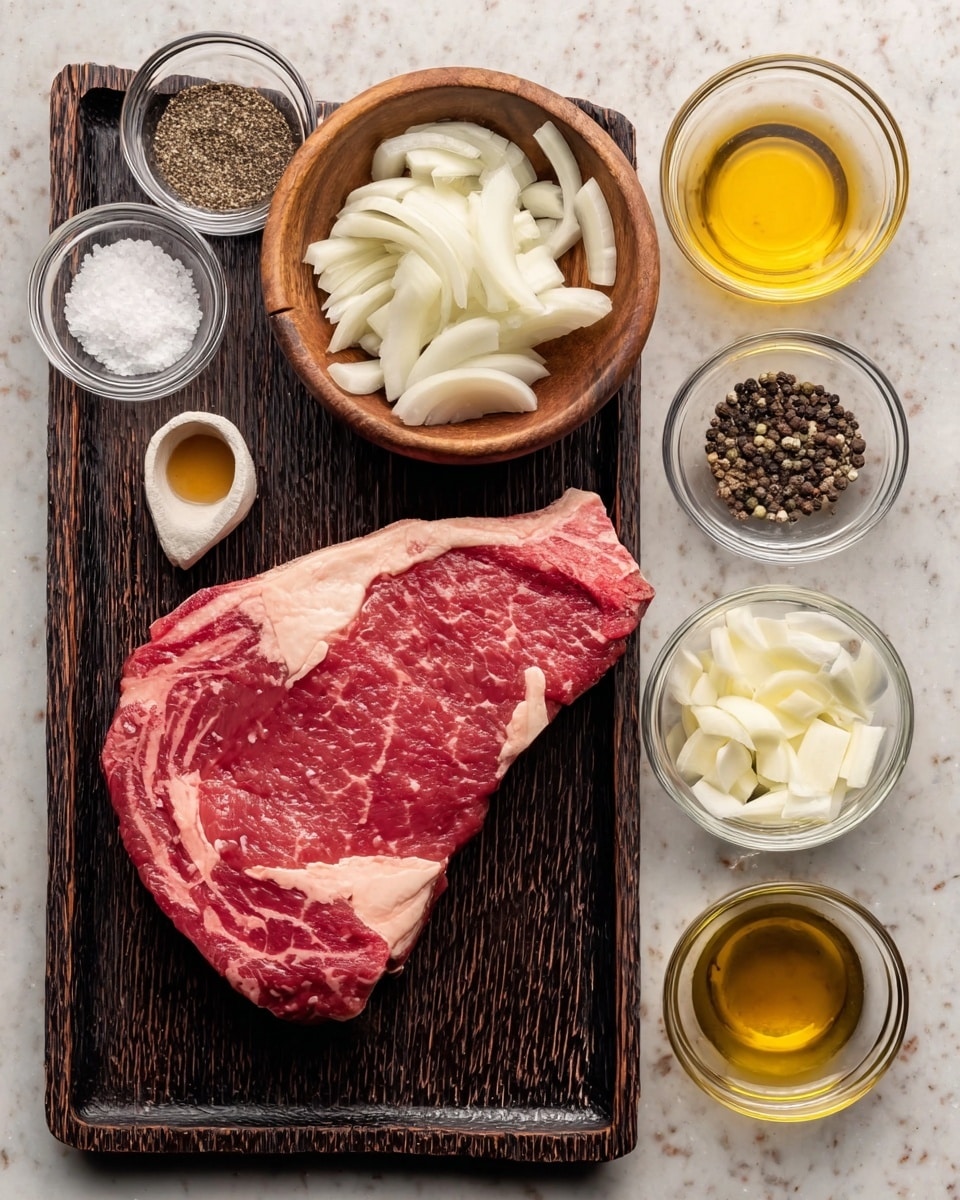 The image shows a large raw red steak placed on a dark textured rectangular wooden tray, with visible marbling of fat. Around the tray, there are several small clear bowls arranged in a neat formation, each containing different ingredients: coarse black and white pepper, sea salt, olive oil, chopped garlic, sliced white onions in a round wooden bowl, soy sauce, and a light yellow cooking oil. The setup is on a white marbled surface. The overall colors focus on red meat, white onions, golden oils, and the contrasting dark tray and spices. Photo taken with an iphone --ar 4:5 --v 7