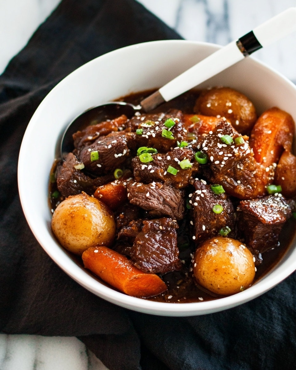 The image shows a white plate on the left with six pieces of raw red meat with fat layers on top. Around the plate are small white bowls arranged in a loose circle: one bowl has chopped orange carrots, another has chopped white onion, a third contains chopped light purple shallots, and a fourth is filled with chopped garlic. There are two small bowls with dark brown sauce, one near the meat and one closer to the center. There is a small bowl with salt and another with black and white pepper. A small round plate with fresh green thyme sprigs sits near the bottom left. On the right side, there are two clear glass measuring cups, one with dark brown liquid and the other with a light brown broth. Next to them is a white bowl filled with white flour. The background is a white marbled surface. photo taken with an iphone --ar 4:5 --v 7