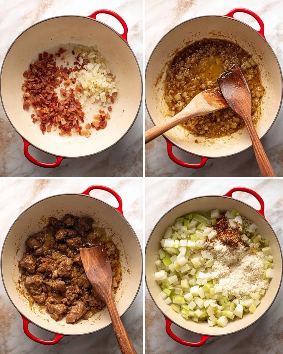 The image shows four steps of cooking inside a white pot with red handles placed on a white marbled surface. The first step has small browned bits of bacon being stirred with a wooden spoon, showing reddish-brown pieces scattered on the creamy white pot bottom. The second step shows many browned chunks of meat cooking in golden brown oil, spread evenly in the pot. The third step shows diced onions and celery added on top of the browned bits on the pot's base, white and pale green cubes piled around the wooden spoon. The fourth step is a mixture of cooked onions and celery with white flour, reddish paste, and finely chopped garlic all on top, the wooden spoon resting among the ingredients, the inside of the pot showing some browned areas from cooking. Photo taken with an iphone --ar 4:5 --v 7