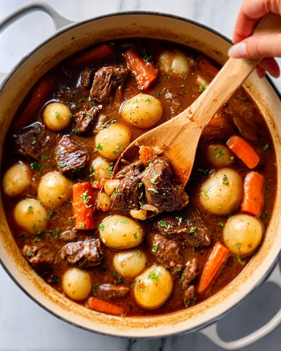 The image shows a close-up of a white pan filled with a rich stew. It has several layers: the bottom layer is a thick brown sauce with visible herbs mixed in. On top, there are large chunks of dark brown cooked meat, soft round white potatoes, and bright orange carrot pieces. A woman's hand is holding a light-colored wooden spoon stirring the stew. The background is a white marbled texture, giving a clean and fresh look. Photo taken with an iphone --ar 4:5 --v 7