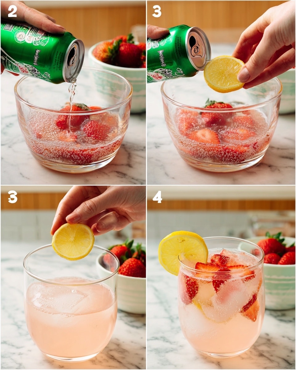 A clear glass bowl on a white marbled surface holds a light pink drink with small bubbles. In the first image, a woman's hand pours liquid from a green can into the bowl. In the second image, a woman's hand adds small whole strawberries on top of the drink, with the green can blurred in the background. The third image shows a woman's hand holding a round lemon slice above the bowl, ready to drop it in. The final image features a clear glass filled with the light pink bubbly drink, ice cubes, a slice of lemon inside, and pieces of strawberry floating on top, with a white bowl of strawberries and another glass partially visible behind it. Photo taken with an iphone --ar 4:5 --v 7