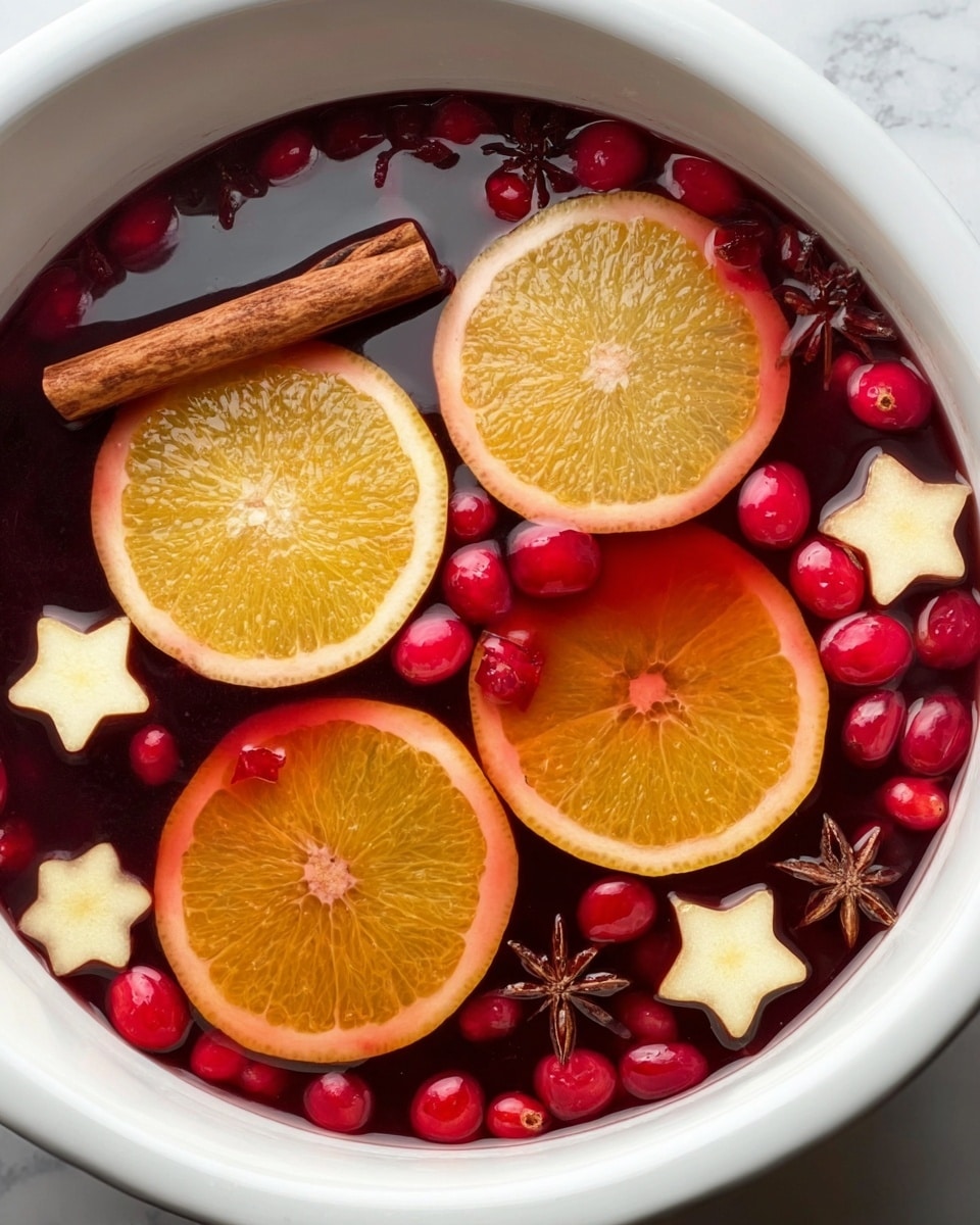 The image shows a white bowl filled with a dark red liquid. Floating on top are three large, round orange slices and two smaller lemon slices, showing their textured rind and juicy center. There are many bright red pomegranate seeds scattered across the surface, along with small star-shaped pieces of apple placed evenly around the bowl. A cinnamon stick leans against the side of the bowl, adding a warm brown color. The background is a white marbled surface. The photo taken with an iphone --ar 4:5 --v 7