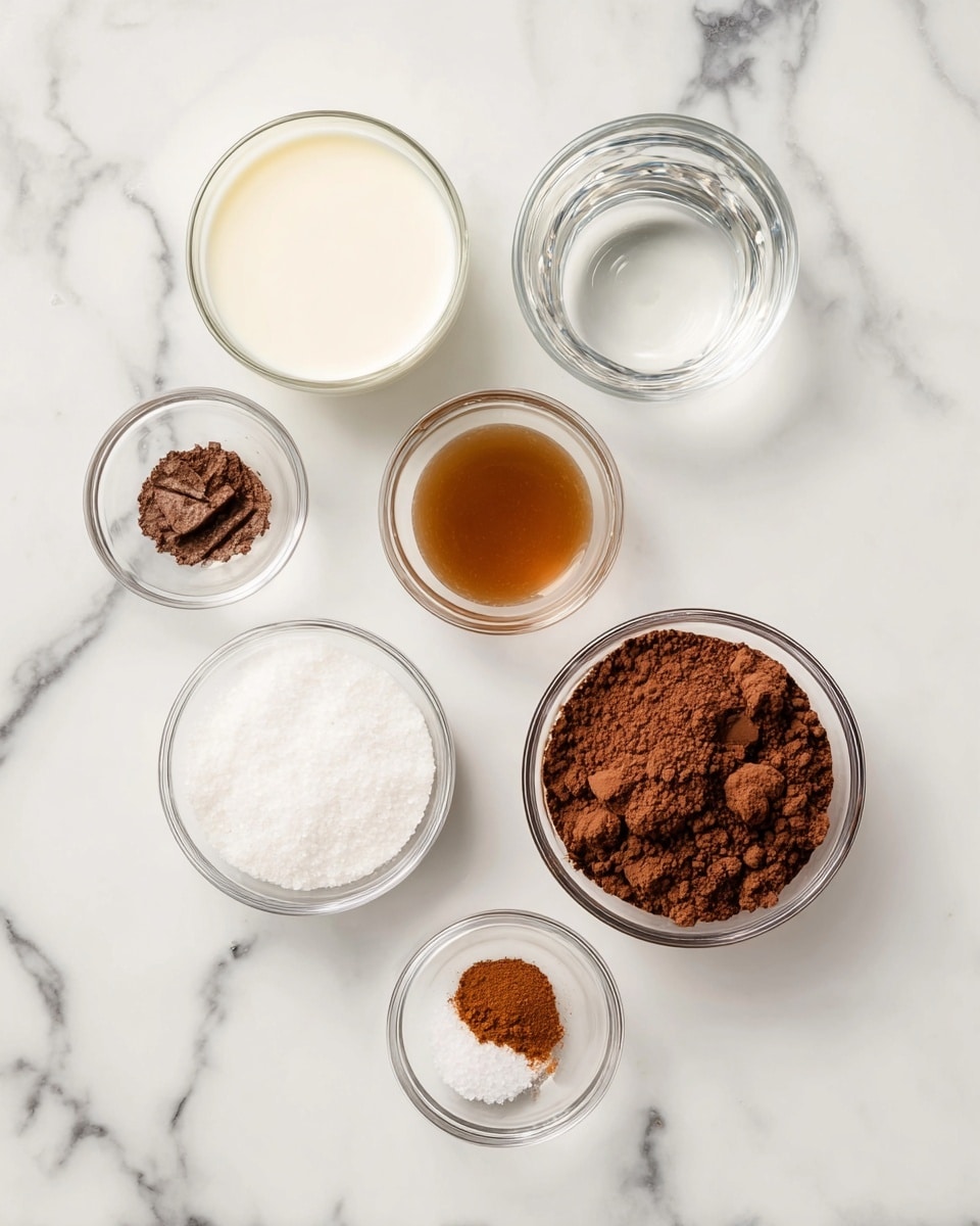 The image shows seven small clear glass bowls placed on a white marbled surface. The top left bowl contains a creamy white liquid, likely milk or cream. Next to it on the top right is a bowl with clear water. Below the water bowl is a bowl filled with light brown vanilla extract. To the right center is a larger bowl with rich dark brown cocoa powder that looks fine and slightly crumbly. On the far left middle is a bowl filled with bright white sugar granules, which are very fine. In the center bottom is a small bowl of white salt. The bottom left has a small bowl with a brown powder, possibly cinnamon, and to its right is another bowl with a reddish brown powder, likely ground spice. All bowls are spaced evenly and sit neatly on the smooth white marbled background, showing clear texture and color differences. photo taken with an iphone --ar 4:5 --v 7