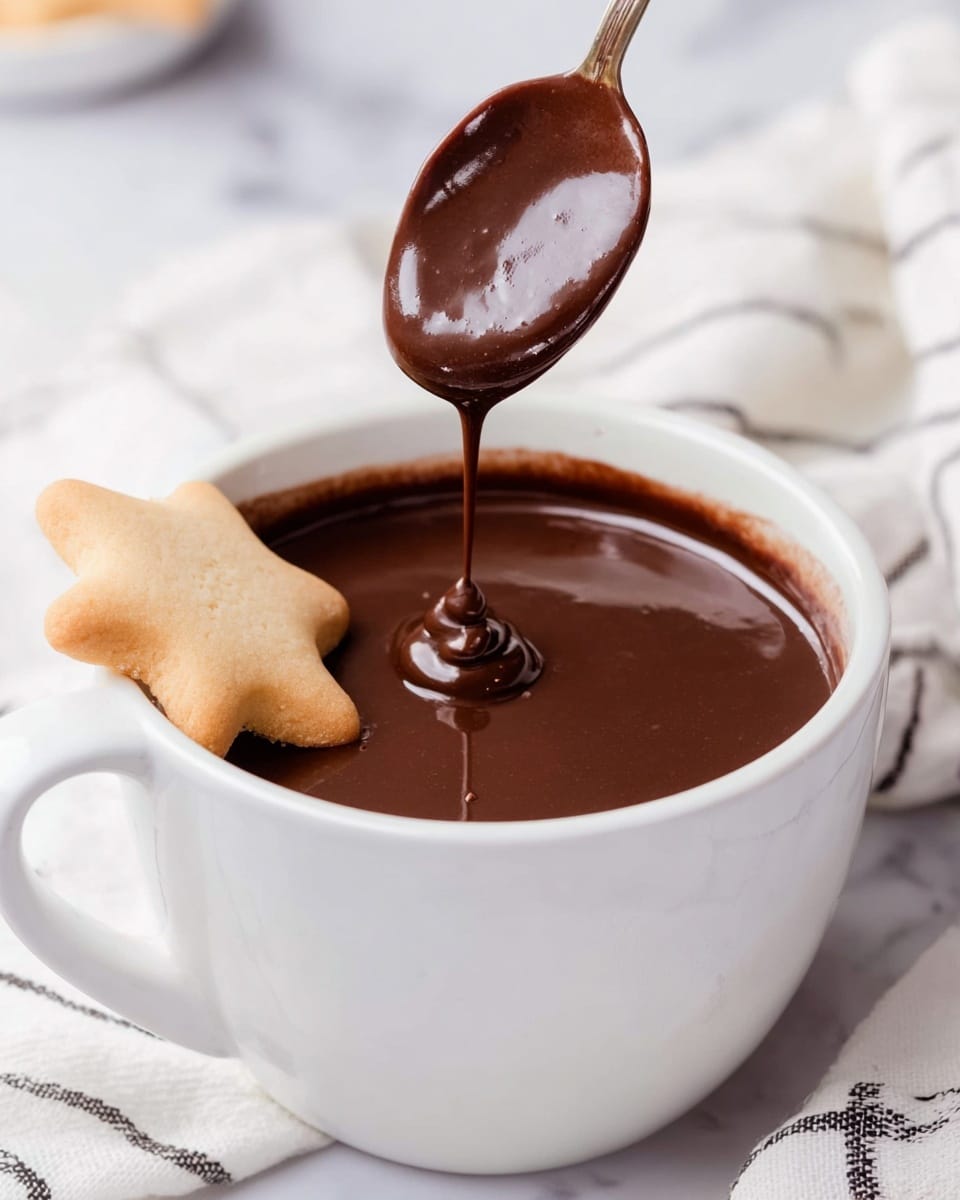 A white cup filled with smooth, shiny, dark brown chocolate sauce, with a spoon dipped inside lifting some sauce that drips down slowly back into the cup. On the edge of the cup, there is a light beige star-shaped cookie. The cup is placed on a white marbled surface, and a white fabric with black stripes is in the soft blurred background. The overall look is clean and inviting. photo taken with an iphone --ar 4:5 --v 7