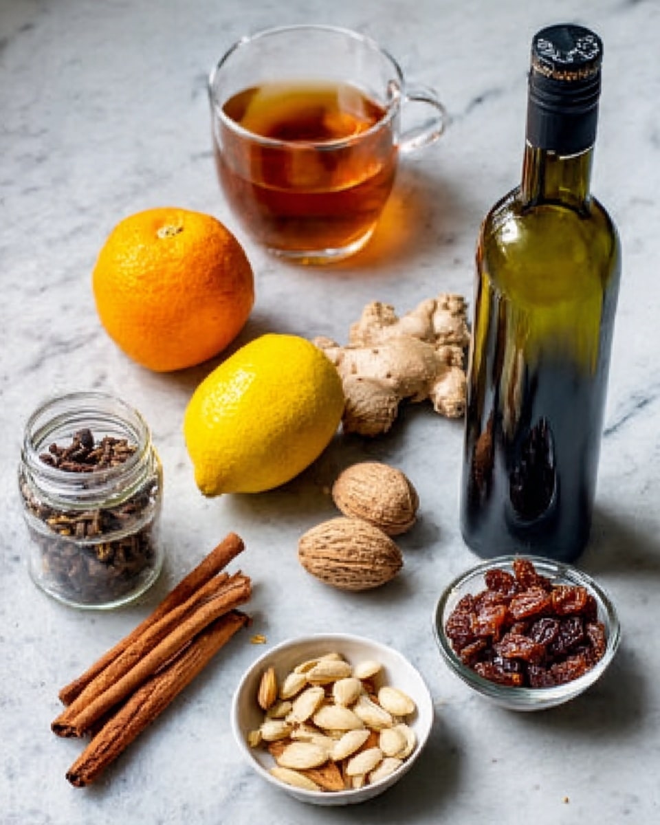 The image shows a collection of ingredients arranged on a white marbled surface. There is a glass of tea, a bright orange, a fresh lemon, some ginger root, cinnamon sticks, cloves, cardamom pods, almonds in a white bowl, and a small jar filled with raisins. A bottle of olive oil stands tall on the right side. All the items are spaced out neatly, showing different textures like the smooth fruit, rough ginger skin, and glossy almonds. photo taken with an iphone --ar 4:5 --v 7