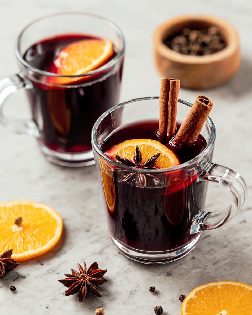 Two clear glass mugs filled with dark red mulled wine sit on a white marbled surface. Each mug has a slice of bright orange floating on top, accompanied by a dark brown star anise and a pair of cinnamon sticks standing upright. In the background, there is a small wooden bowl with whole cloves, and in the foreground, two loose star anise and some orange slices rest on the surface. The scene is softly lit, showing the rich colors clearly. Photo taken with an iphone --ar 4:5 --v 7