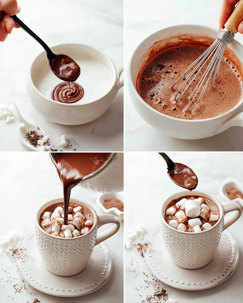 A collage of four images shows the making of hot chocolate in a white bowl and cup on a white marbled surface. The first image shows a woman's hand holding a black spoon with a swirl of dark brown chocolate paste over a white bowl filled with a white liquid. The second image features a woman's hand holding a whisk stirring the now smooth, medium brown chocolate mixture with bubbles on the surface in the white bowl with a wooden handle. The third image captures the pouring of the chocolate liquid from the bowl into a white textured cup sitting on a matching saucer. The final image shows a woman's hand placing a small white marshmallow on top of the hot chocolate, which is filled with many white marshmallows and sprinkled with fine dark chocolate shavings. A white spoon with dark brown chocolate on it rests on the saucer beside the cup. Photo taken with an iphone --ar 4:5 --v 7