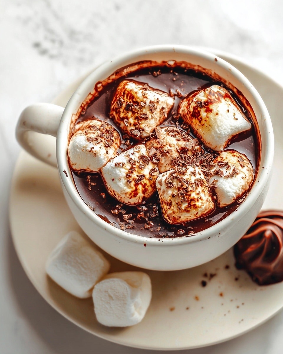 A white cup filled with dark brown hot chocolate topped with many toasted white marshmallows that have golden-brown roasted spots, sprinkled with grated chocolate. The cup sits on a white plate with a white marbled texture background, with one whole white marshmallow and a chocolate-covered swirl beside the cup. Photo taken with an iphone --ar 4:5 --v 7