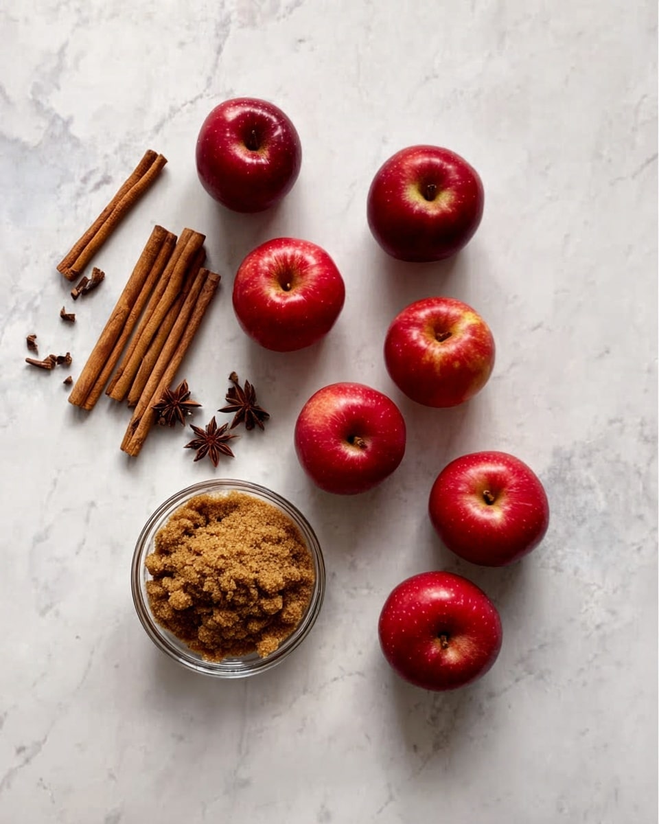 The image shows a white marbled surface with eight small red apples scattered on it. To the left of the apples, there are five cinnamon sticks arranged in parallel and slightly overlapping each other. Below the cinnamon sticks is a clear glass bowl filled with brown sugar, visible with a crumbly texture. A few star anise pieces are placed near the cinnamon sticks near the top left corner. photo taken with an iphone --ar 4:5 --v 7