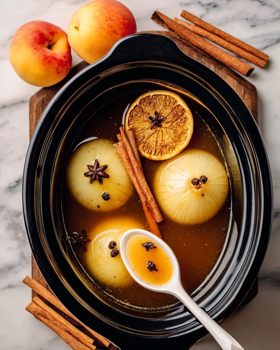 A black slow cooker filled with two whole peeled yellow onions, each pierced with whole cloves, floating in a brown liquid. There is one thick round orange slice with cloves stuck on it, as well as two cinnamon sticks resting on top. A white spoon is scooping some of the brown liquid from the cooker. Around the cooker are two cinnamon sticks and an orange peach on a white marbled surface. Photo taken with an iphone --ar 4:5 --v 7