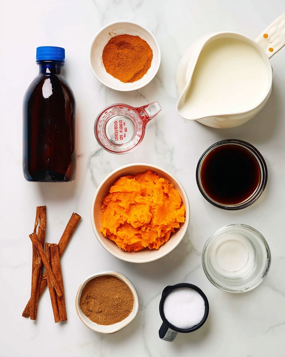 A top view of nine ingredients on a white marbled surface arranged in three rows. The top row has a dark brown bottle with a blue cap on the left, a small white bowl with orange-brown powder in the middle, and a white pitcher filled with a white liquid on the right. The middle row shows a small clear measuring jug with a reddish liquid and a wooden handle on the left, a small white bowl full of bright orange mashed substance in the center, and a transparent glass with dark brown liquid on the right. The bottom row features a white bowl with brown powder and two cinnamon sticks next to it on the left, a black 1/4 cup measuring cup filled with white granulated sugar in the middle, and a clear glass jug with a white liquid on the right photo taken with an iphone --ar 4:5 --v 7