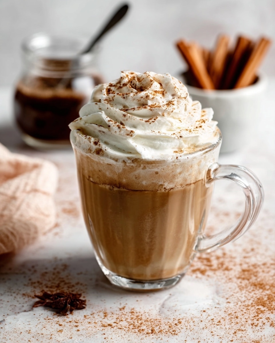 The image shows a clear glass cup filled with a light brown creamy drink. On top, there is a thick layer of white whipped cream, swirled evenly with some brown powder sprinkled over it. The cup has a handle on the right side and is set on a white marbled surface sprinkled with some more brown powder. In the background, there is a small clear jar with a spoon inside, filled with a dark brown substance, and a white bowl holding cinnamon sticks. A woman's hand is partly shown holding the cup. The photo taken with an iphone --ar 4:5 --v 7