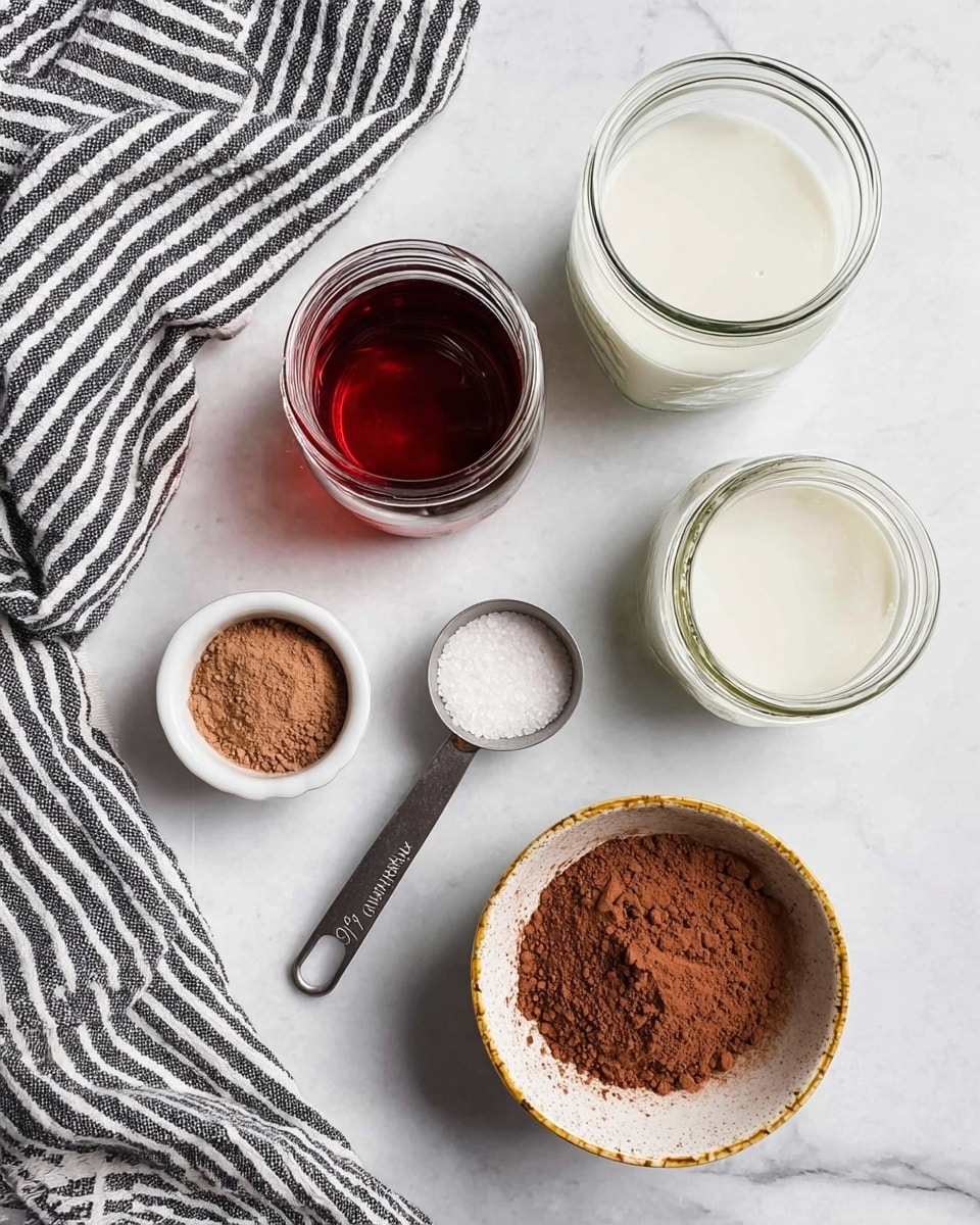The image shows a top view of different ingredients on a white marbled surface with a black and white striped cloth in the top left corner. There is a small white bowl with a brown powder in the bottom left, next to a metal measuring spoon filled with white salt. Above them is a small glass jar with a dark red liquid. On the right side, there are two glass jars, one with white milk and an empty one beside it. In the bottom right, there is a white bowl with a gold rim filled with cocoa powder. photo taken with an iphone --ar 4:5 --v 7