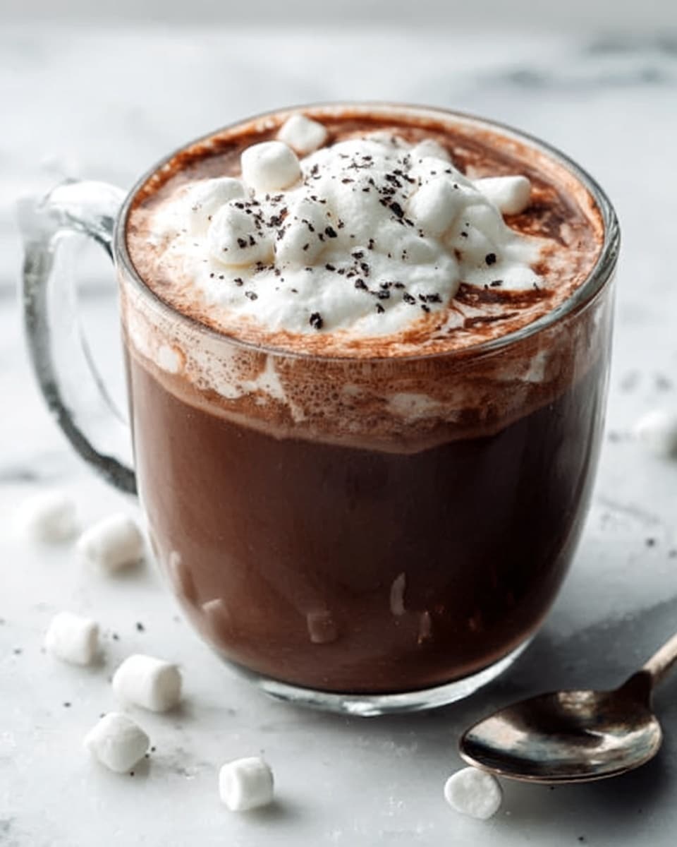 A clear glass cup filled with rich dark brown hot chocolate, topped with a thick layer of whipped cream and small white marshmallows scattered on top. Some black specks, likely cocoa powder, are lightly sprinkled on the whipped cream. The cup sits on a white marbled surface next to a small silver spoon. The lighting highlights the smooth texture of the drink and the softness of the whipped cream. photo taken with an iphone --ar 4:5 --v 7