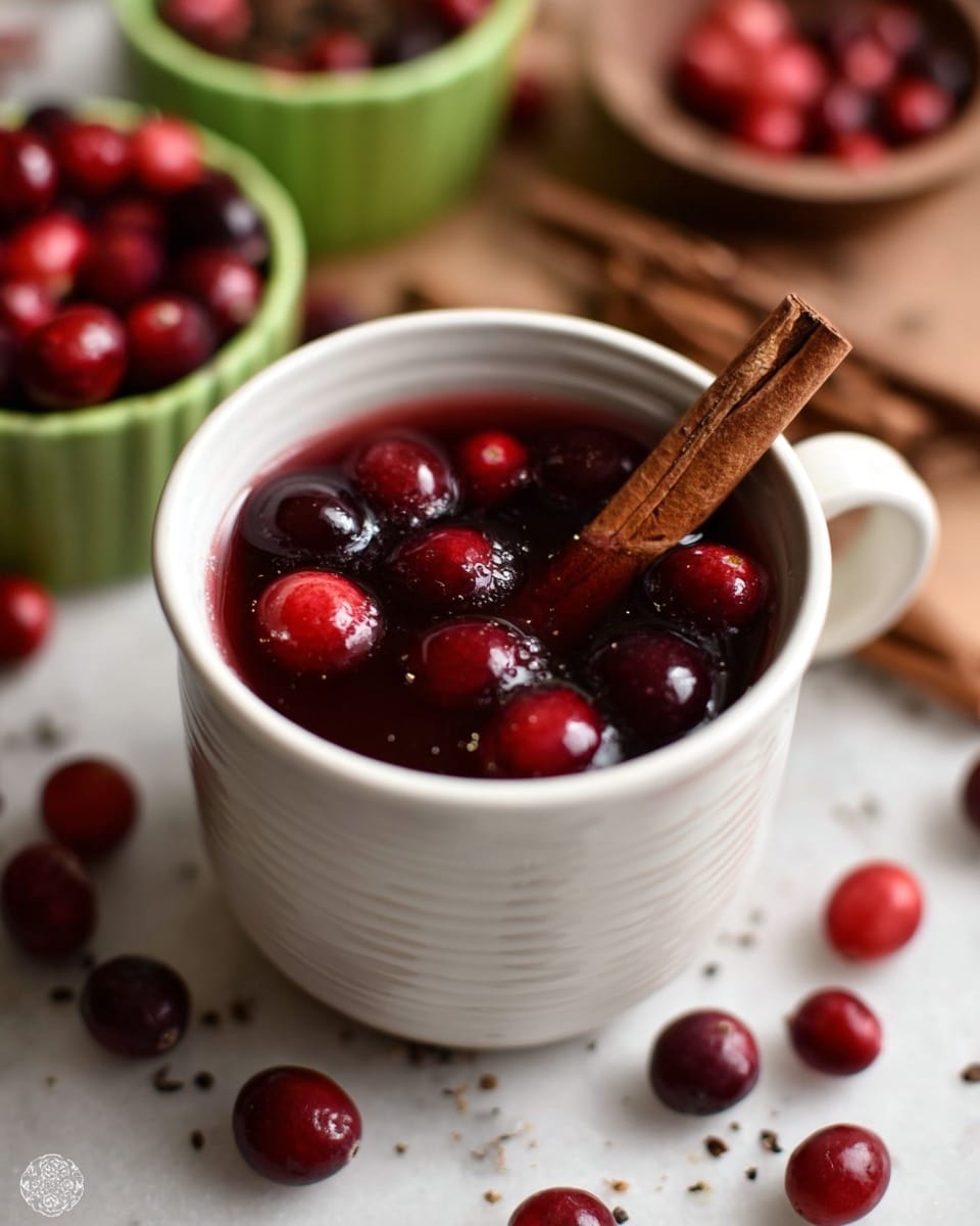 A white ceramic cup filled with dark red cranberries floating on the surface of a warm brown liquid, with a single cinnamon stick standing upright in the middle. Around the cup are scattered loose cranberries and some blurred small green and white bowls containing spices and more cranberries, all set on a white marbled background. The whole image has a warm, cozy feel with soft focus in the back and sharp detail on the cranberries in the cup. photo taken with an iphone --ar 4:5 --v 7