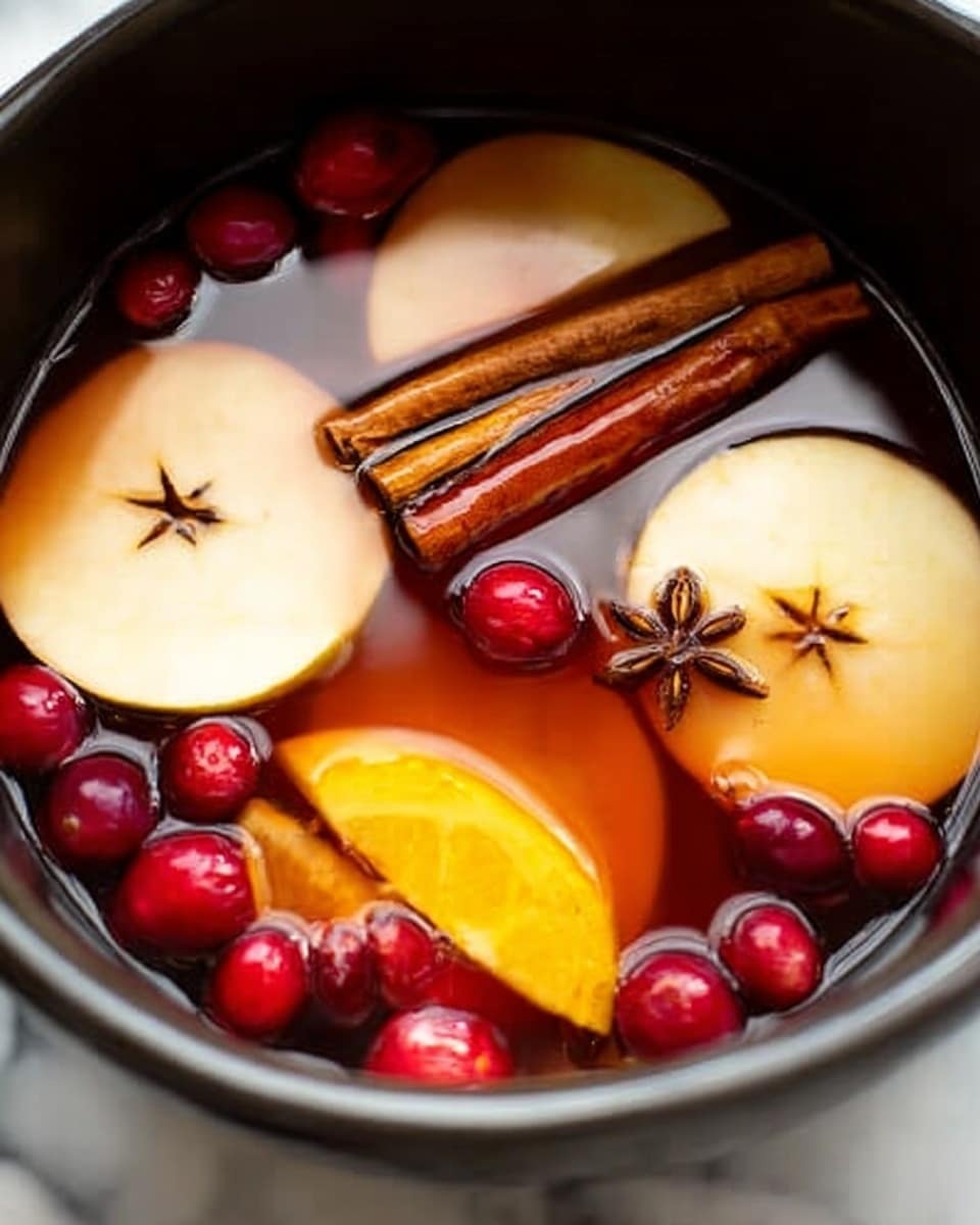 A close-up view of a dark bowl filled with warm, amber-colored liquid. Floating on the surface are thin yellow-orange slices of lemon and pale cream slices of apple with star-shaped cores. Small, round red cranberries are scattered around the edges. Two cinnamon sticks rest on top, their brown color contrasting with the fruit and liquid. The bowl is placed on a white marbled surface. photo taken with an iphone --ar 4:5 --v 7