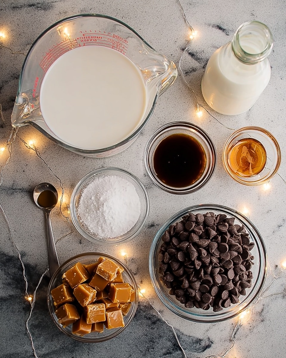 The image shows a top-down view of various baking ingredients arranged neatly on a white marbled surface. In the center, there is a clear glass measuring cup filled with milk. Above it, a round clear glass bowl contains white chocolate chips. To the right of the measuring cup, a round clear glass bowl holds many small white marshmallows. Near the marshmallows, two small pink-capped jars with colorful sprinkles—one with round multicolor and one with yellow sugar crystals—are placed vertically. To the left of the measuring cup, a small clear glass bowl is filled with turquoise pearl sprinkles. Above that bowl, a small round white bowl holds rainbow-colored sprinkles. Near it, a blue tube of sparkle gel lies horizontally. Below the sprinkles, there is a small bottle of red food coloring next to a small bowl of dark vanilla extract. A piece of light cloth with green polka dots is spread out in the bottom left corner, with a small bottle of white edible glitter on it. Some scattered colorful sprinkles and small white marshmallows add detail to the scene. Photo taken with an iphone --ar 4:5 --v 7