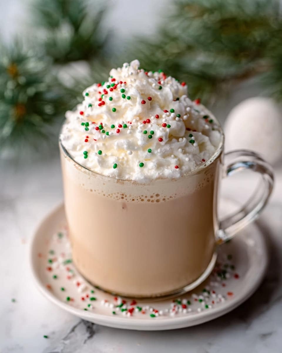 Two clear glass jars filled with a creamy white drink topped with thick white whipped cream sprinkled with crushed red candy pieces, each jar has a small peppermint candy cane hooked on the side. The jars sit on a red tray covered with scattered small white marshmallows and pieces of crushed candy cane. In the background, there is a soft red and white checkered cloth and golden Christmas decorations on a white marbled surface. A woman's hand is gently holding one of the jars. photo taken with an iphone --ar 4:5 --v 7
