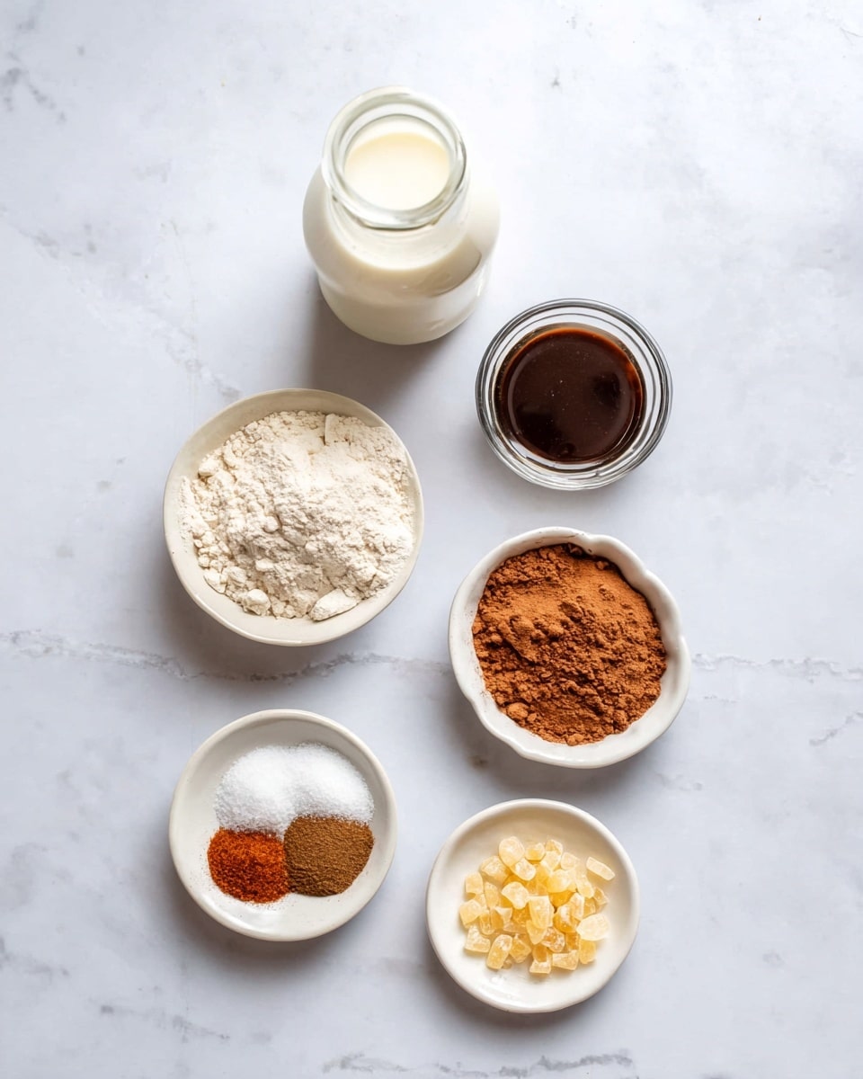 The image shows six small white containers arranged on a white marbled surface. At the top left, there is a clear glass bottle filled with a creamy white liquid. To its right, there is a small clear glass bowl with a dark brown, thick liquid inside. Below them are three white bowls; the left one contains light brown powder, the middle one holds three types of spices in separate small piles – light beige, reddish-brown, and dark brown – and the right one has golden-brown sugar crystals. A small white dish with white granules, likely salt, is positioned near the spices. The setup is simple and clean, with each ingredient clearly visible. photo taken with an iphone --ar 4:5 --v 7