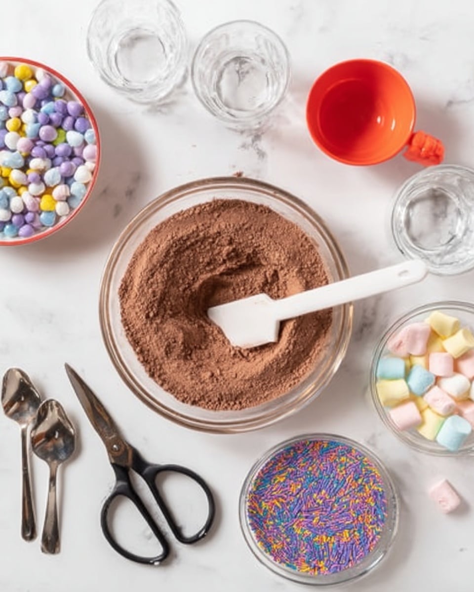 The image shows a clear glass bowl filled with a dry brown powder mixture, likely cocoa powder or chocolate cake mix, with a white spatula resting inside. Around the bowl are three smaller clear glass bowls, one with multi-colored round candies, another with purple and white candy pieces, and the last with colorful small round sprinkles. Nearby are two clear glasses and a red measuring cup, all placed on a white marbled surface. There is also a pair of black scissors, two silver spoons, and a few pastel-colored marshmallows on the side. Photo taken with an iphone --ar 4:5 --v 7