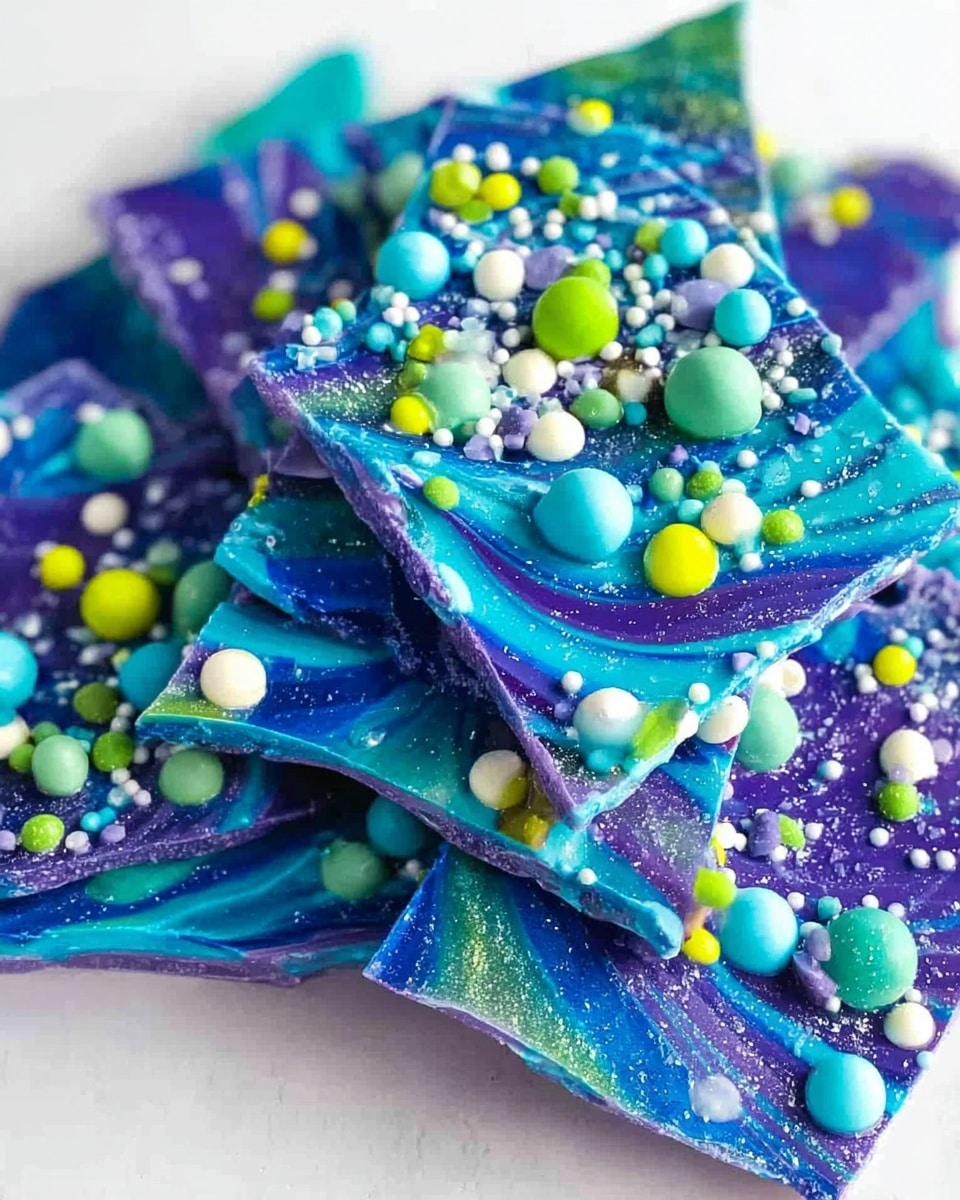 The image shows a pile of blue and purple candy bark pieces on a white marbled surface. Each piece has a shiny, smooth texture with swirling layers of bright blue and deep purple. On top of the bark are many round sprinkles in different sizes and colors, including light blue, green, white, and yellow. The bark pieces are unevenly layered, with some slightly overlapping each other, creating a colorful, playful look. Photo taken with an iphone --ar 4:5 --v 7
