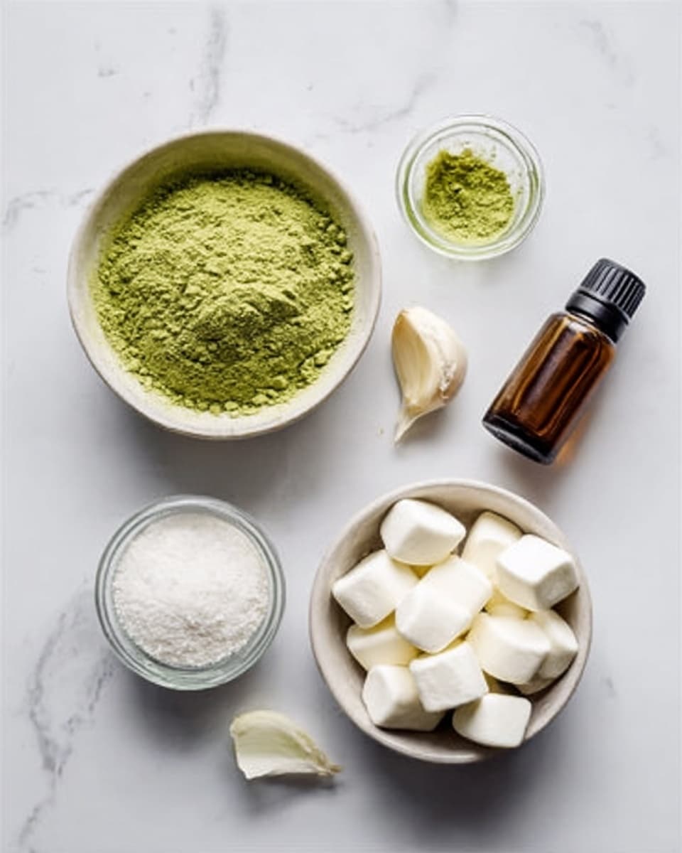 The image shows several white bowls and small glass containers arranged on a white marbled surface. The largest bowl at the bottom left contains green matcha powder with a fine texture. Next to it, a smaller white bowl holds white marshmallows, fluffy and round. To the right, another small white bowl is filled with white cubed pieces, smooth and firm. Above that, there is a tiny glass container of white granulated sugar and a peeled clove of garlic placed on the surface between the bowls. At the top right, a small bottle with a dark amber liquid and black cap stands alone. The colors mainly include various shades of green and white with some transparent glass. The scene is calm, clean, and natural. photo taken with an iphone --ar 4:5 --v 7