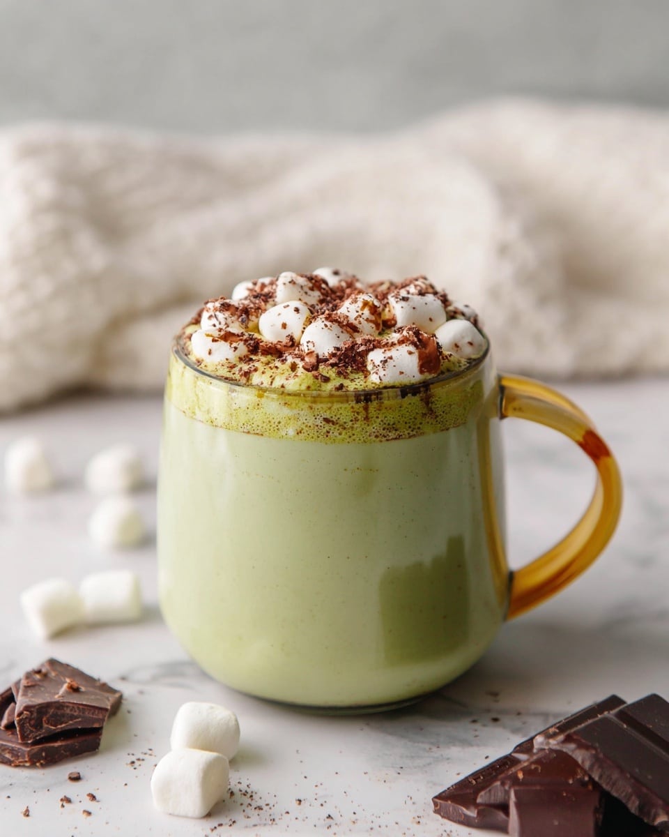 A clear glass mug with a yellow handle holds a creamy green drink filling most of the mug. On top, there is a layer of small white marshmallows sprinkled with brown cocoa powder. The mug is placed on a white marbled surface scattered with a few marshmallows and small pieces of dark chocolate. In the background, there is a soft, out-of-focus white textured cloth. The photo is taken with an iphone --ar 4:5 --v 7