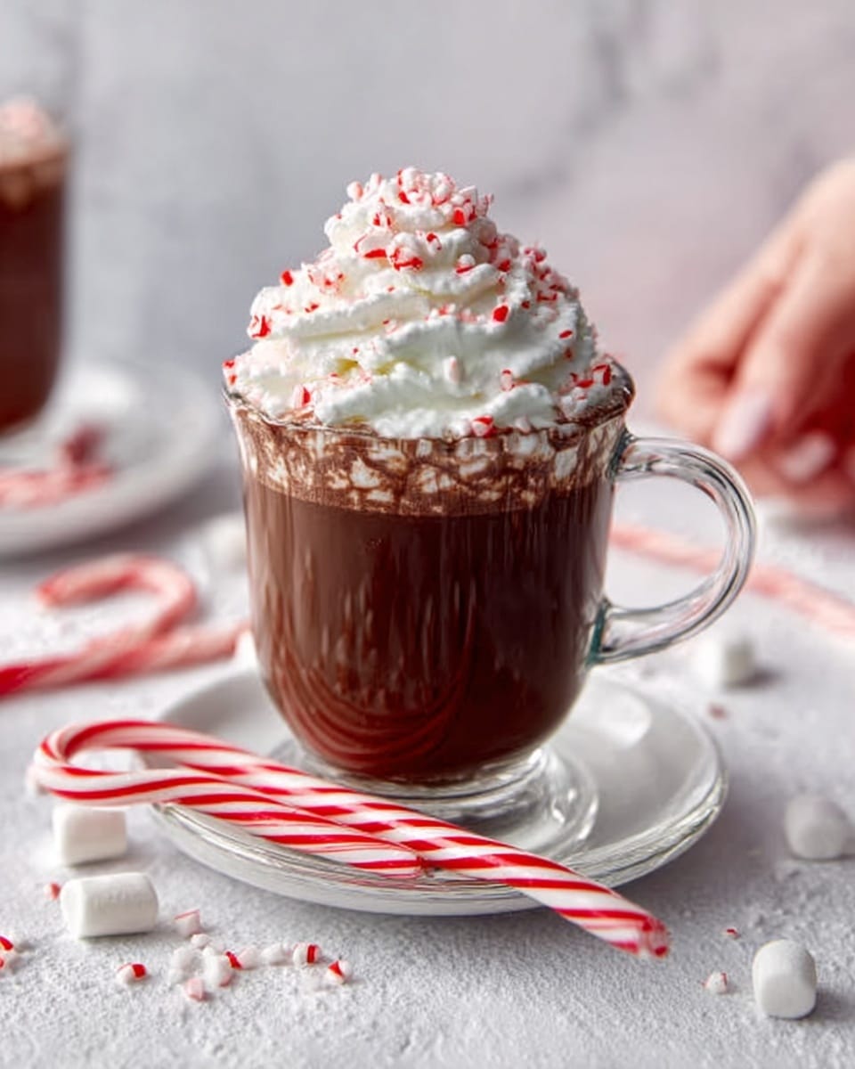 A clear glass mug filled with dark brown hot chocolate, topped with a large swirl of white whipped cream sprinkled with small red candy pieces. The mug sits on a white glass saucer with a red and white striped candy cane placed on the saucer’s edge. The background has a soft, out-of-focus white marbled texture with scattered white marshmallows and another candy cane in the distance. The scene is bright and cozy, showing a woman's hand reaching toward the mug. photo taken with an iphone --ar 4:5 --v 7