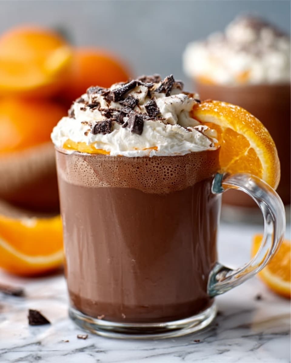 A clear glass mug filled with a thick, smooth brown hot chocolate sits on a white marbled surface. On top, there is a thick layer of white whipped cream, sprinkled with small dark chocolate chunks. A thin slice of a bright orange fruit leans against the whipped cream, adding a pop of color. The background shows a fuzzy arrangement of oranges and blurred mugs. photo taken with an iphone --ar 4:5 --v 7