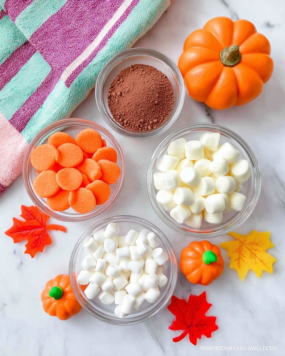 The image shows four small glass bowls arranged on a white marbled surface. One bowl holds orange candy wafers, another has white candy wafers, the third is filled with fine cocoa powder, and the last contains white mini marshmallows. Around the bowls are small orange pumpkin-shaped candies with green stems and three decorative fall-colored leaves in yellow, orange, and red. In the top right corner, there is a small orange pumpkin, and in the top left corner, part of a cloth with pink, purple, and teal stripes is visible. photo taken with an iphone --ar 4:5 --v 7
