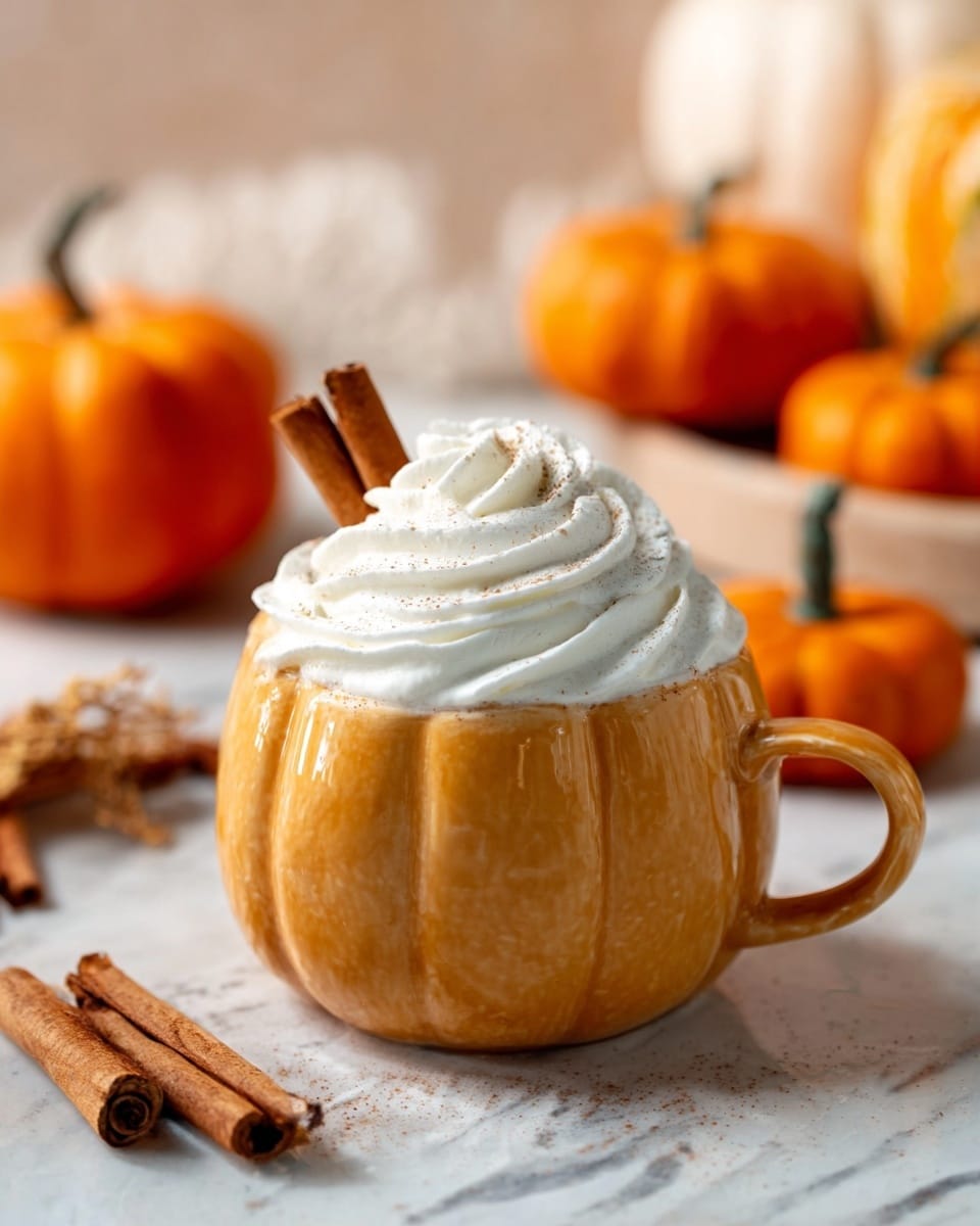 The image shows a small pumpkin-shaped cup filled with a creamy orange drink topped with a large swirl of white whipped cream. On top of the whipped cream, there is a cinnamon stick, and the cup is placed on a white marbled surface. In the background, there are three small orange pumpkins and some cinnamon sticks lying on the surface. The photo focuses closely on the cup with a soft, warm light creating a cozy feeling. photo taken with an iphone --ar 4:5 --v 7