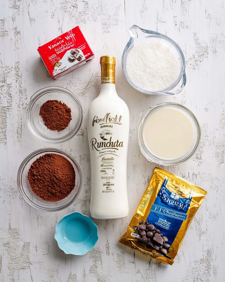 The image shows a top view of several baking ingredients arranged on a white marbled textured surface. There is one large white bottle of RumChata with gold and black text positioned in the center. To the right of the bottle is a clear measuring cup filled with a light cream liquid, and below that is a clear bowl filled with white granulated sugar. Above the white bottle is a small white bowl filled with brown cocoa powder. To the left side, there is a red and white box of vanilla extract, a glass measuring cup filled with white milk, and a small blue bowl containing a pinch of salt. At the bottom right is a shiny golden bag of Ghirardelli semi-sweet chocolate chips with blue and white text. Photo taken with an iphone --ar 4:5 --v 7