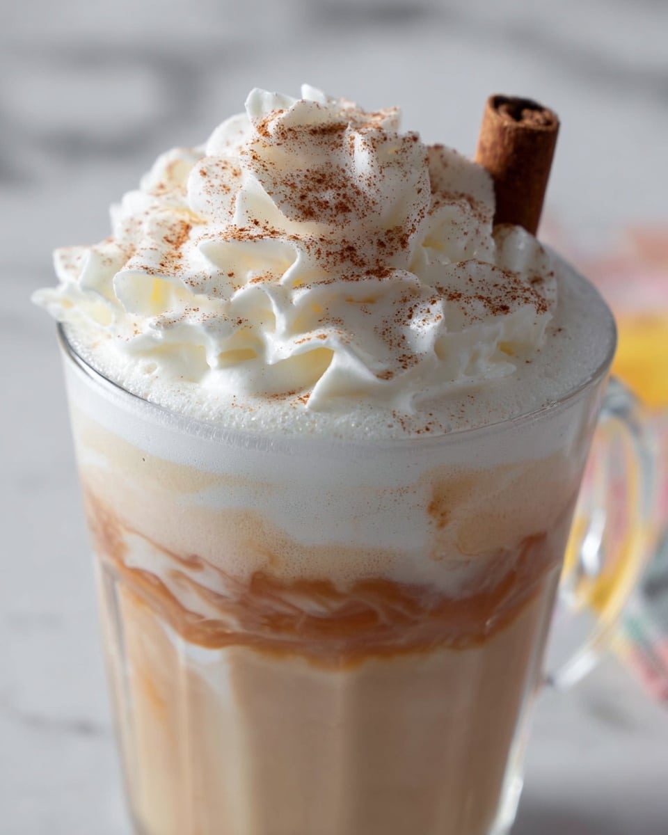 Clear glass cup shows a three-layer drink. The bottom layer is smooth and light beige, filling most of the cup. Above it is a middle layer of swirled light brown and cream colors blending softly. The top layer is thick white whipped cream, piled high with soft peaks. Light brown cinnamon powder is sprinkled on the whipped cream, and a cinnamon stick peeks out from the side. The cup rests on a white marbled surface. photo taken with an iphone --ar 4:5 --v 7
