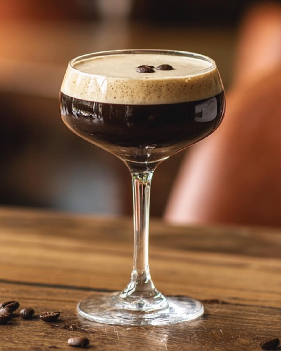 The image shows a clear glass filled with two visible layers of a drink: the bottom layer is dark brown and smooth like coffee, and the top layer is creamy beige with three coffee beans placed on it for decoration. The glass is placed on a white marbled surface, near a small white bowl filled with coffee beans and a white small cup, with a gold spoon resting on the surface nearby. The scene looks bright and clean with soft natural light. Photo taken with an iphone --ar 4:5 --v 7