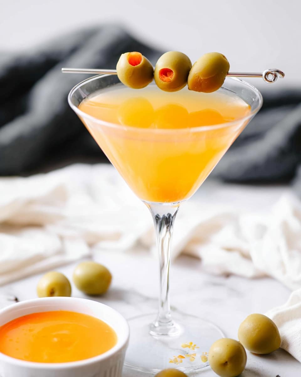 A clear glass with a thick base holds a pale yellow liquid that is slightly frosted on the outside, showing condensation. Inside, five green olives with small orange pimentos are skewered on two light tan bamboo picks, resting near the top surface of the drink. The background is a white marbled texture. photo taken with an iphone --ar 4:5 --v 7