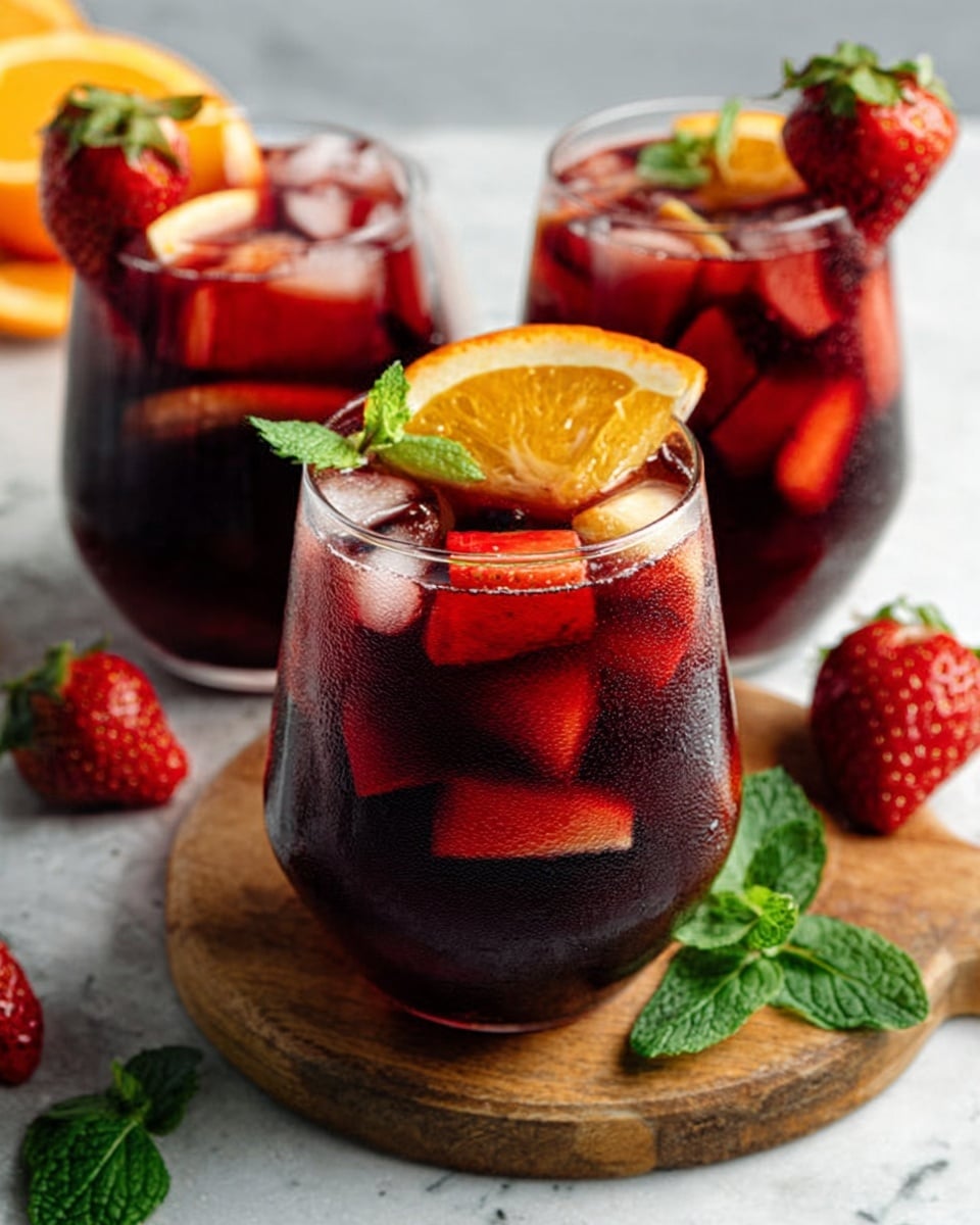 A clear glass filled with dark red liquid, topped with bright orange lemon slices, red cherries, and pieces of red fruit floating on top. Small green mint leaves are visible near the surface, adding color contrast. The glass sits on a white marbled background with two lime halves beside it, one whole cherry laying nearby. The drink looks fresh and colorful with layers of fruit floating inside. Photo taken with an iphone --ar 4:5 --v 7