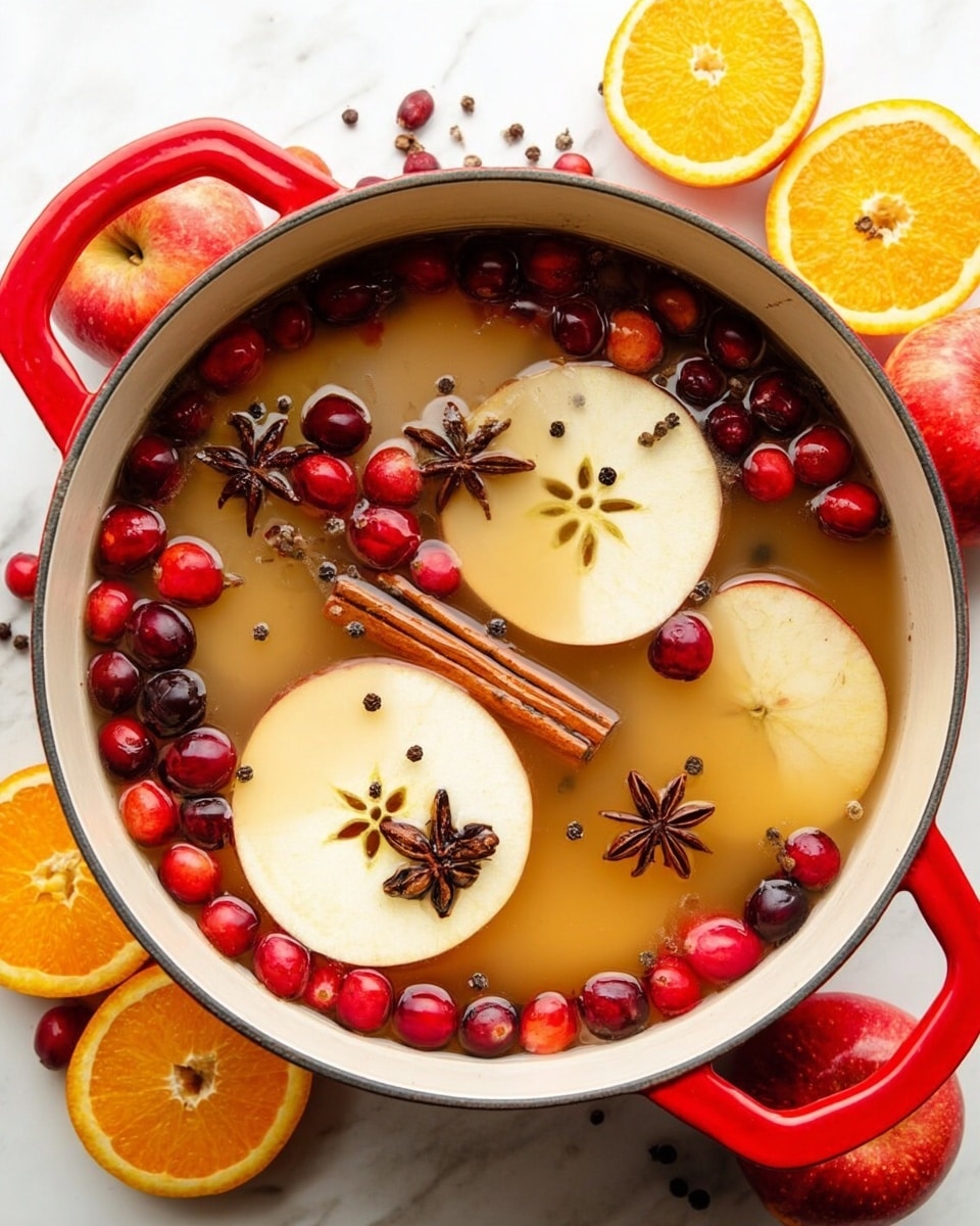 A white pot with red handles filled with a light brown liquid holding several thin orange slices arranged floating near the surface, topped with several thin, pale apple slices showing star-shaped seeds, bright red cranberries scattered across the liquid, dark brown whole star anise, whole cinnamon sticks resting in the liquid, and small dark peppercorns sprinkled throughout. The pot sits on a white marbled surface with whole red apples and orange slices around it. Photo taken with an iphone --ar 4:5 --v 7