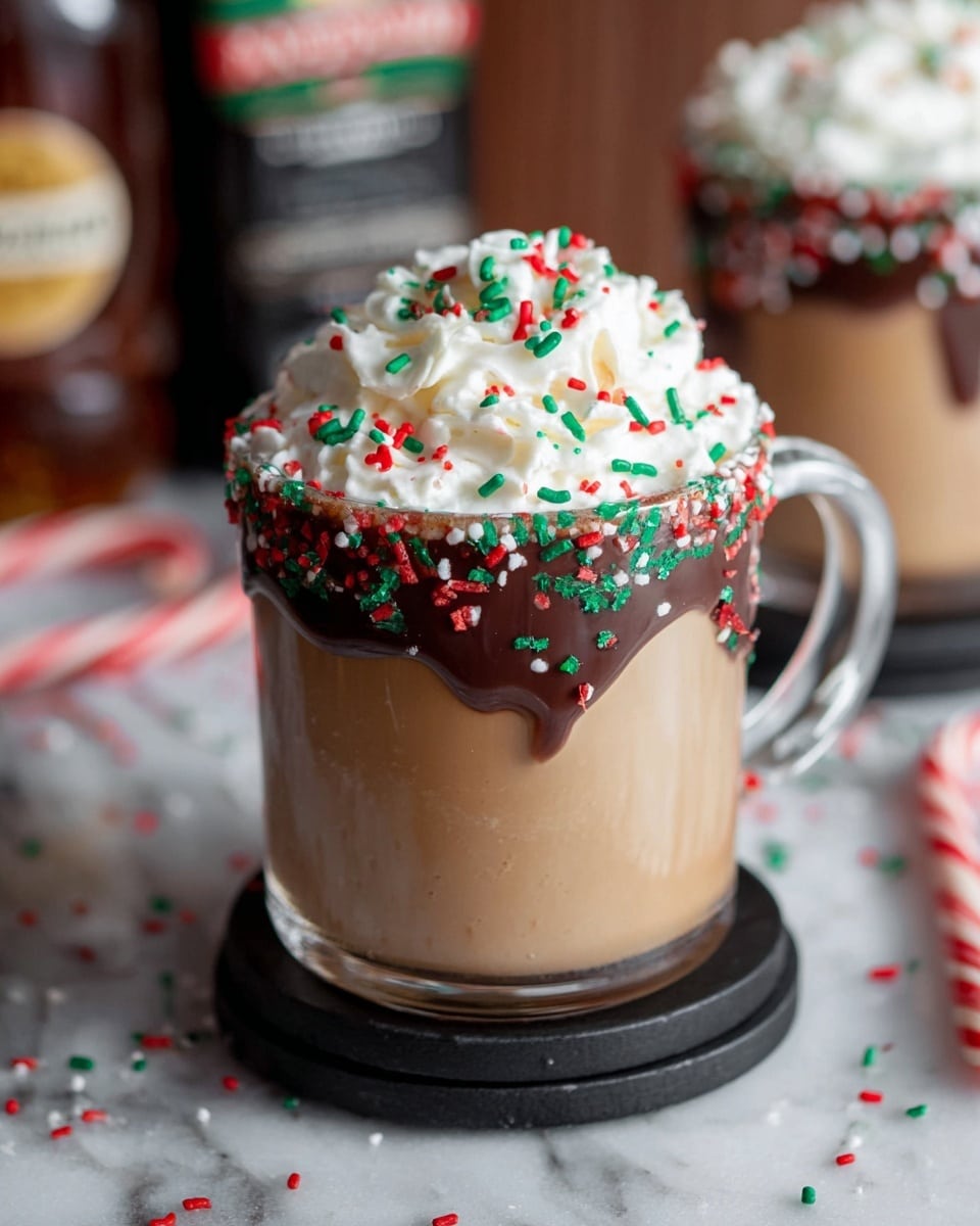 A clear glass mug filled with light brown coffee sits on two stacked black round coasters. The mug's rim is dipped in dark chocolate and decorated with red and green sprinkles that also scatter around the surface of the whipped cream on top. The whipped cream is white and piled high with the same red and green sprinkles sprinkled across it. The background shows blurred bottles and a wooden table with scattered sprinkles and a candy cane piece. The surface beneath the coasters is a white marbled texture. photo taken with an iphone --ar 4:5 --v 7