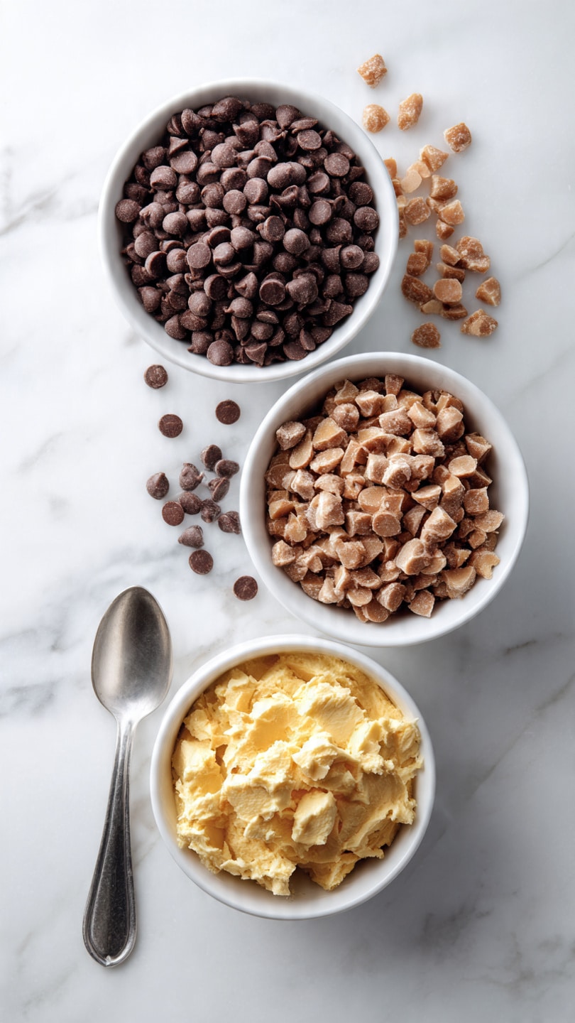 The image shows three white bowls placed on a white marbled surface. The top left bowl is filled with small, dark brown chocolate chips, smooth and shiny. The top right bowl holds small pieces of light brown nuts with a rough texture. The bottom bowl contains a soft, yellowish mixture that looks creamy with a slightly lumpy texture. There is a shiny silver spoon placed near the bottom left of the bowls. photo taken with an iphone --ar 4:5 --v 7