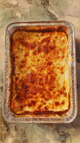 The image shows a baked dish in a square foil container placed on a stove. It has one visible layer of golden-brown, slightly shiny baked topping that looks smooth with some crispy edges around the foil. The background is a white marbled texture. photo taken with an iphone --ar 4:5 --v 7