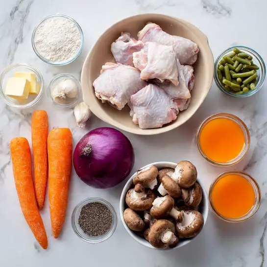 The image shows raw ingredients arranged on a white marbled surface. In the center, there is a beige bowl filled with raw light pink chicken thighs with some white fat visible. To the right, there are two whole bright orange carrots and a clear glass bowl of frozen green beans. Below the chicken bowl, there is a white bowl filled with brown mushrooms. A whole deep purple onion sits beside the mushrooms. On the left side of the chicken, various small glass bowls hold white flour, a yellow powder, and a mix of salt and black pepper. There are also two cloves of garlic, a small square of pale yellow butter, and two clear glass jars filled with orange liquids, one with chunks and the other smooth. The photo taken with an iphone --ar 4:5 --v 7