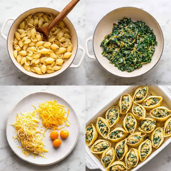 The image shows four steps of making a pasta dish. The first part is a white pot with cooked pasta shells in light yellow color. The second part is a white pan holding cooked spinach, with a wooden spoon resting inside. The third part is a white plate with cooked pasta, yellow cheese, and two small round orange pieces along with some spinach. The last part is a white baking dish filled with pasta shells stuffed with spinach and cheese, arranged neatly in rows. The background surface is white marble textured. Photo taken with an iphone --ar 4:5 --v 7