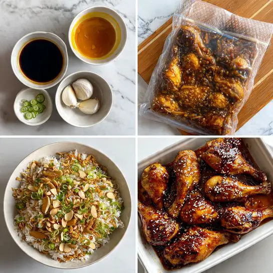 The image shows four smaller photos in a grid, each depicting different parts of a cooking process. The top left photo has three white bowls with sauces and garlic cloves on a white marbled surface: a dark soy sauce-looking liquid, a light amber sauce, and a creamy pale yellow paste. The top right photo shows raw chicken pieces marinating in a clear plastic zip-lock bag on a wooden board, with the chicken visible through the bag and coated in a brown sauce. The bottom left photo shows a white bowl filled with a light, fluffy rice dish mixed with slivered almonds and garnished with sliced green onions, placed on a white marbled surface with a small white bowl of additional sliced green onions off to the side. The bottom right photo displays cooked chicken drumsticks on a bed of the same rice, with a glossy, caramelized glaze and sprinkled with sesame seeds and green onion slices, highlighting the darkened, slightly charred skin. Photo taken with an iphone --ar 4:5 --v 7
