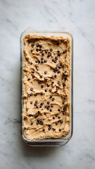 This image shows a clear glass baking dish filled with a thick, evenly spread layer of light brown dough mixed with small pieces of chocolate. The dough has a smooth, slightly bumpy texture with visible chocolate chips scattered throughout. The dish is placed on a white marbled surface. The edges of the dough touch the sides of the dish, forming a neat rectangular shape. Photo taken with an iphone --ar 4:5 --v 7