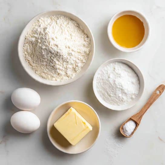 The image shows six baking ingredients arranged on a white marbled surface. On the top left, there is a white bowl full of white flour with a soft powdery texture. Next to it on the right is a white bowl holding a golden liquid with a slightly thick and shiny texture. Further right is another white bowl containing fine white sugar with a smooth surface. On the bottom left, there are two whole white eggs with smooth shells lying side by side directly on the surface. In the middle bottom, there is a white bowl with a block of pale yellow butter with a firm, smooth texture. Finally, on the bottom right, a small wooden measuring spoon holds a small pile of fine white powder, likely baking powder. photo taken with an iphone --ar 4:5 --v 7