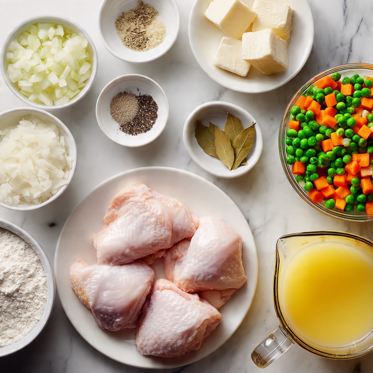 The image shows ingredients arranged neatly on a white marbled surface. In the center bottom, there are three raw chicken pieces on a white plate, pink and glossy. Above them is a small glass bowl filled with frozen peas and diced carrots, green and orange with a frosty texture. Surrounding these are small white bowls with different ingredients: chopped white onion at top left, creamy butter chunks at middle right, dried bay leaves in a small bowl above the butter, and various spices like black pepper, cumin seeds, salt, and garlic powder in other small bowls around the chicken. At the bottom right, there is a clear glass measuring cup filled with yellow broth and next to it is a small glass jar with white milk. A white bowl with flour sits beside the chicken plate, and a smaller bowl with baking powder is nearby. The whole setup is clean and organized, and the photo looks clear and bright, taken with an iphone --ar 4:5 --v 7
